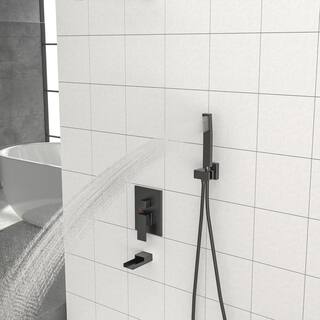 Magic Home 1-Spray 16 in. Ceiling Mount Square Rainfall Shower Head with Hand Shower and Tub and Faucet in Black (Valve Included) SL-16015Z-B-16