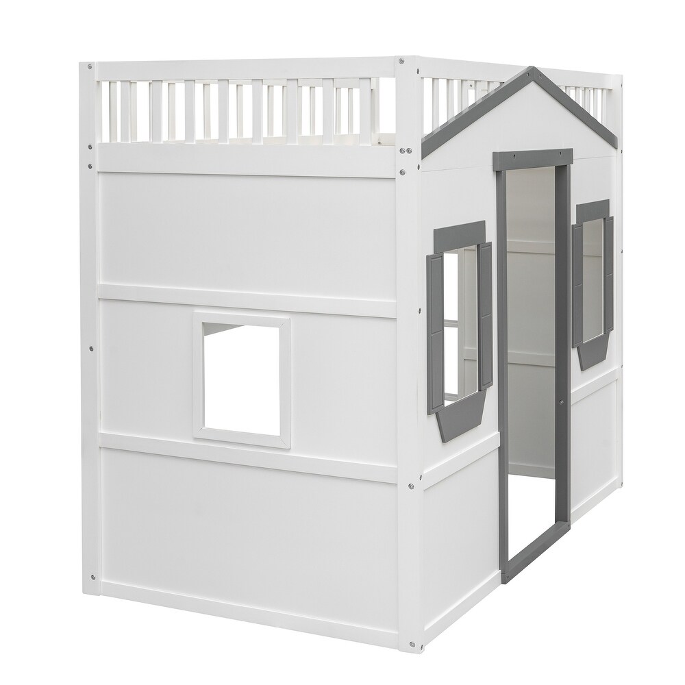 House Loft Bed Twin Kids Playhouse Bed  Solid Wood Loft Bed Frame with Window and Ladder  for Girls Boys  White+Grey