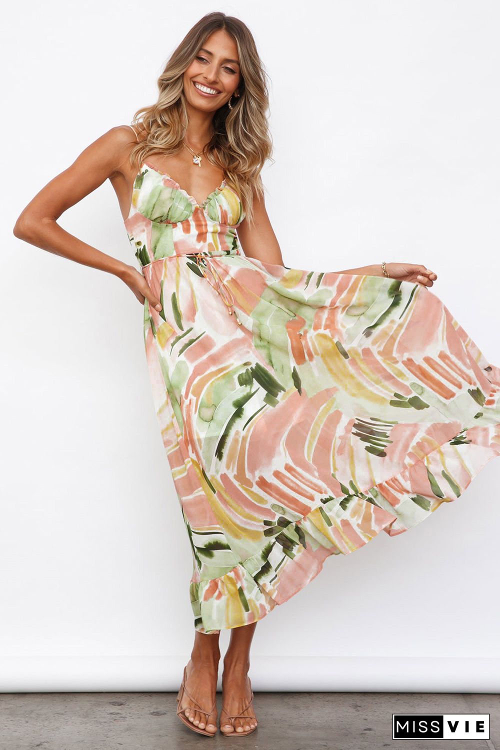 Multicolor Spaghetti Straps Graffti Print Long Dress