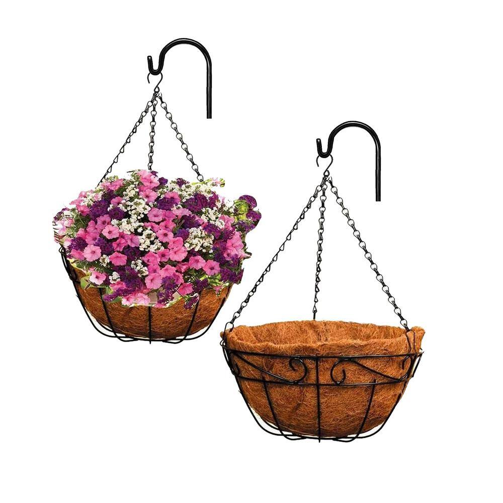 Ashman Online Large 12 in. Dia Black Metal Hanging Basket with Coco Liner (2-Pack) PlantHangBasket12inch2Pk