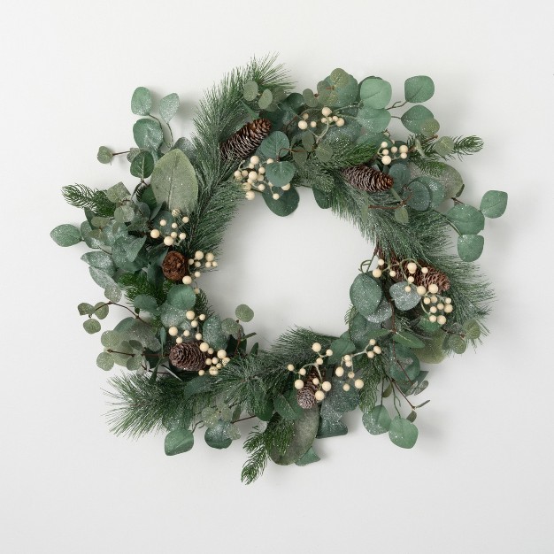 Artificial Dusted Pine Berry Wreath Green 21 quot h