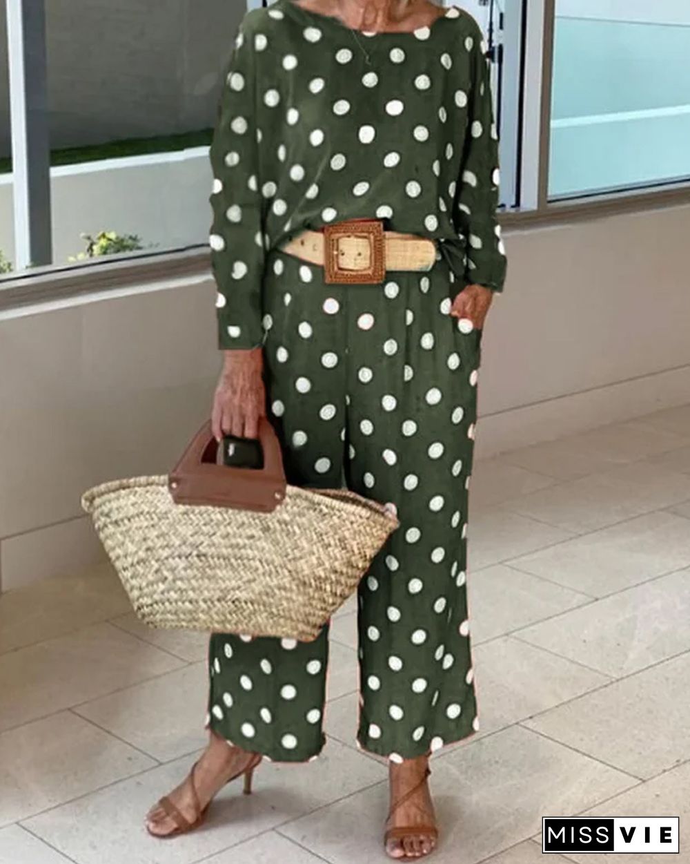 Polka dot long sleeve top wide leg pants set