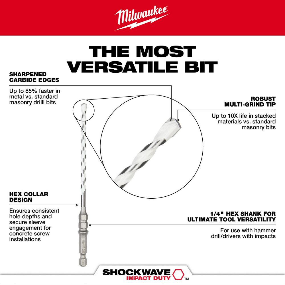 Milwaukee SHOCKWAVE Impact Duty Carbide Multi Material Drill Bit Concrete Screw Install Kit 7pc 48-20-8877 from Milwaukee