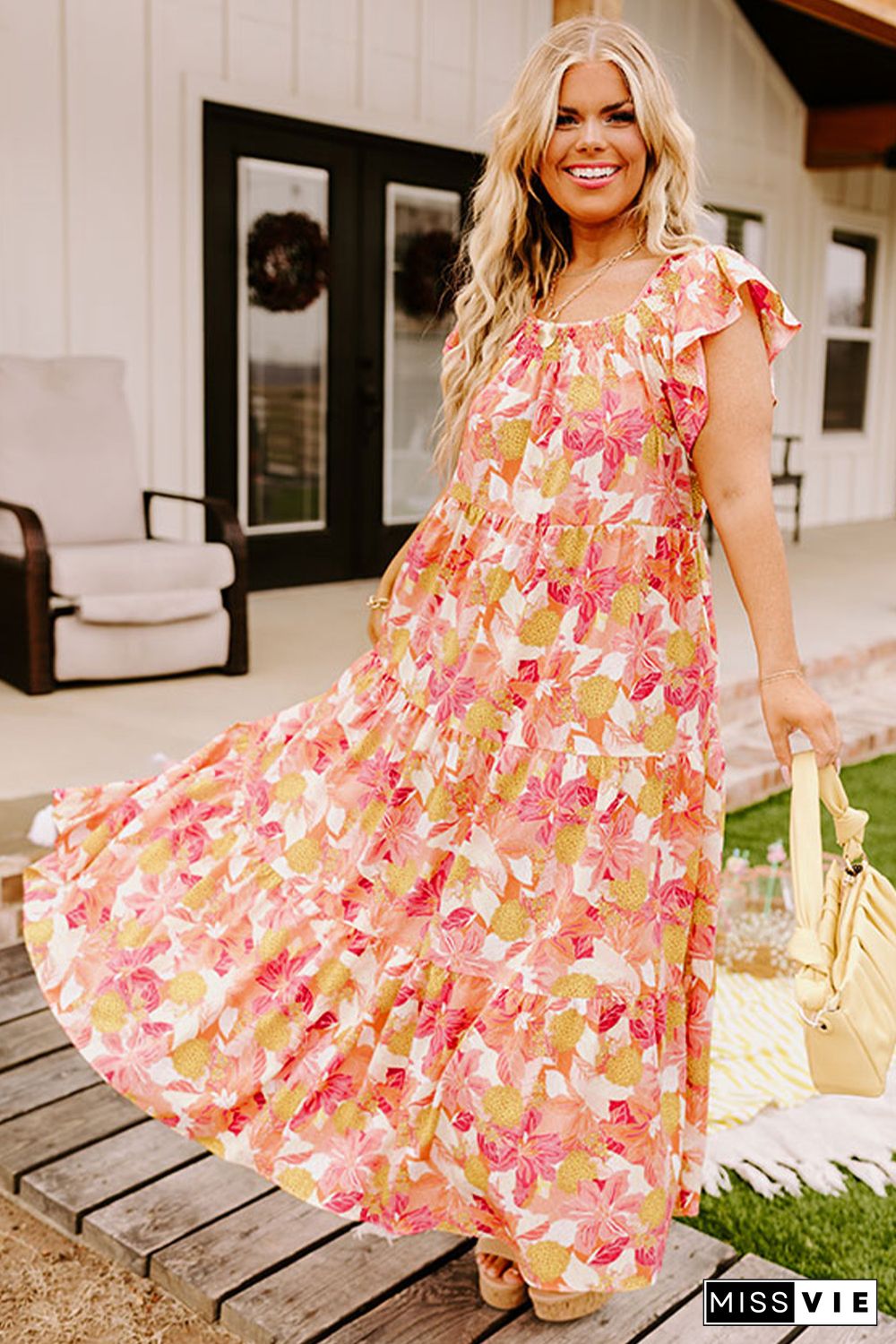 Orange Floral Print Shirred Ruffled Sleeveless Plus Size Dress