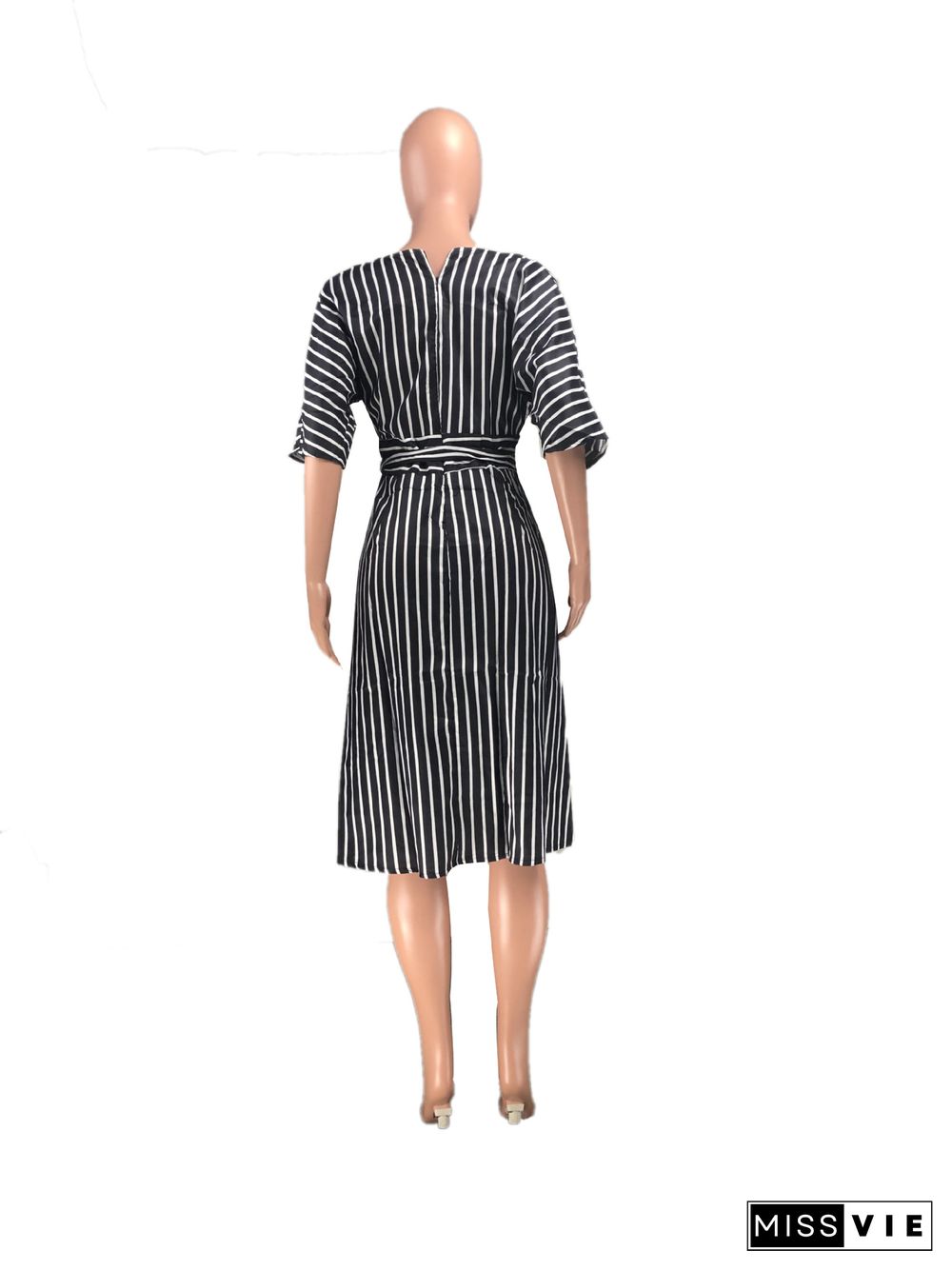 Deep V Neck Short Sleeve Striped Print Midi Dress