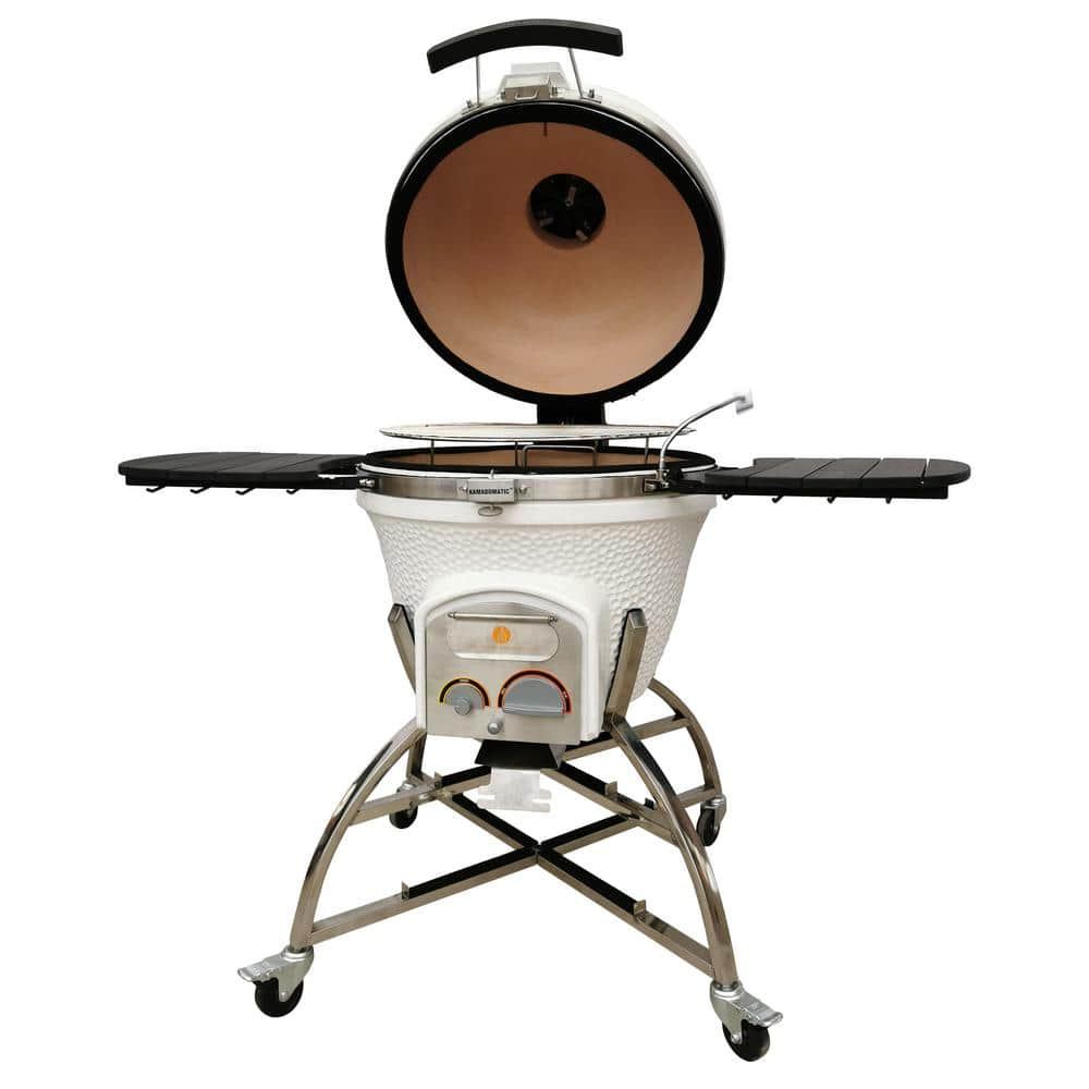 Vision Grills 24 in. Kamado XD702 Ceramic Charcoal Grill in White with Cover, Storage Cart, Shelves, Lava Stone, Ash Drawer XD-702WC