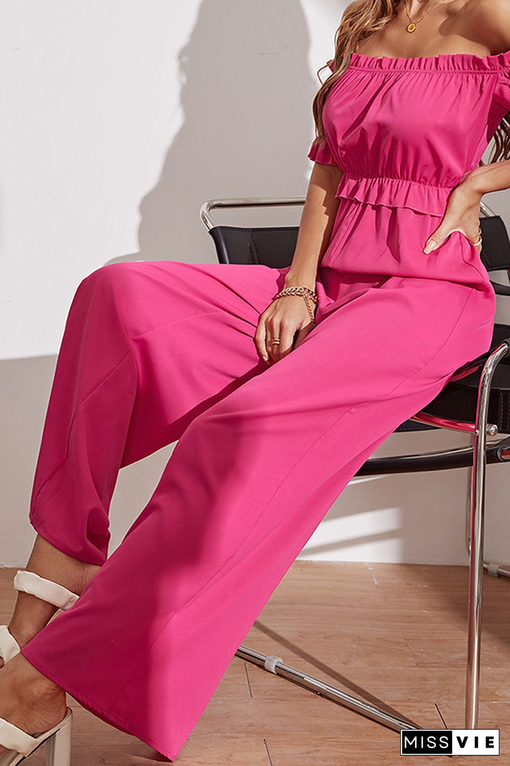 Rose Off Shoulder Ruffles One Piece Jumpsuit