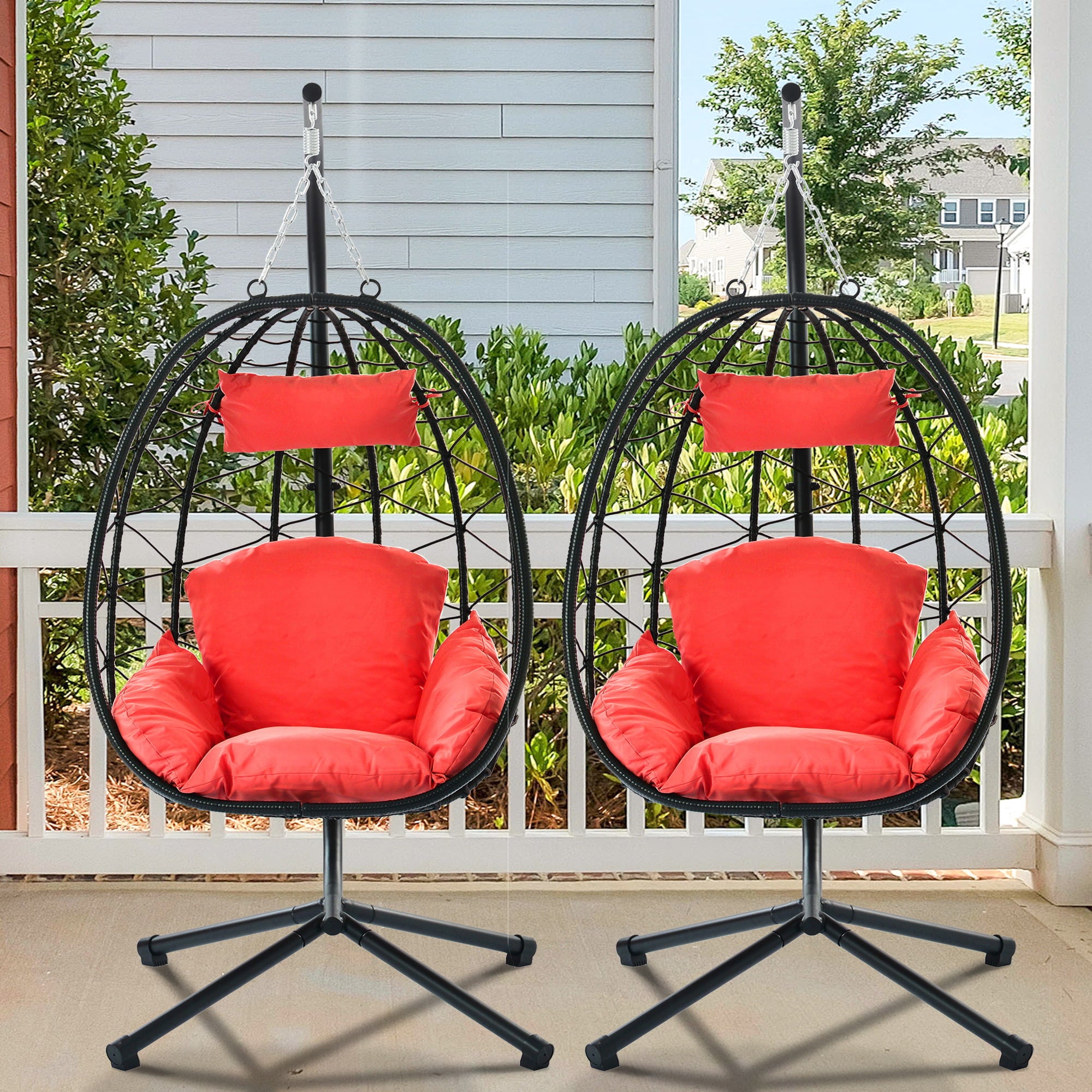 SYNGAR 2 Piece Indoor Outdoor Patio Wicker Hanging Chairs, Swing Hammock Egg Chairs Waterproof Cushions with Steel Frame, 300lbs Capacity for Patio Balcony Bedroom Living Room, Red