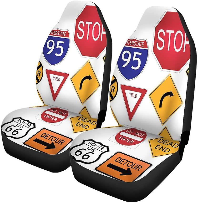 Set Of 2 Car Seat Covers Road Sign Sign Universal Auto Front Seats Protector Fits For Car，suv Sedan，truck