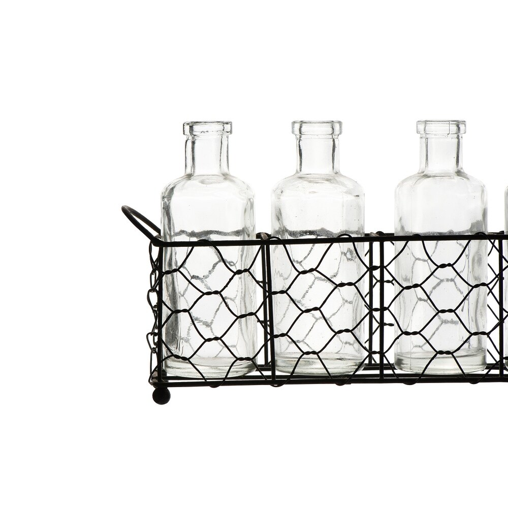 5 Glass Vase Bottles on a Rectangle Metal Holder with Handles   12.8\