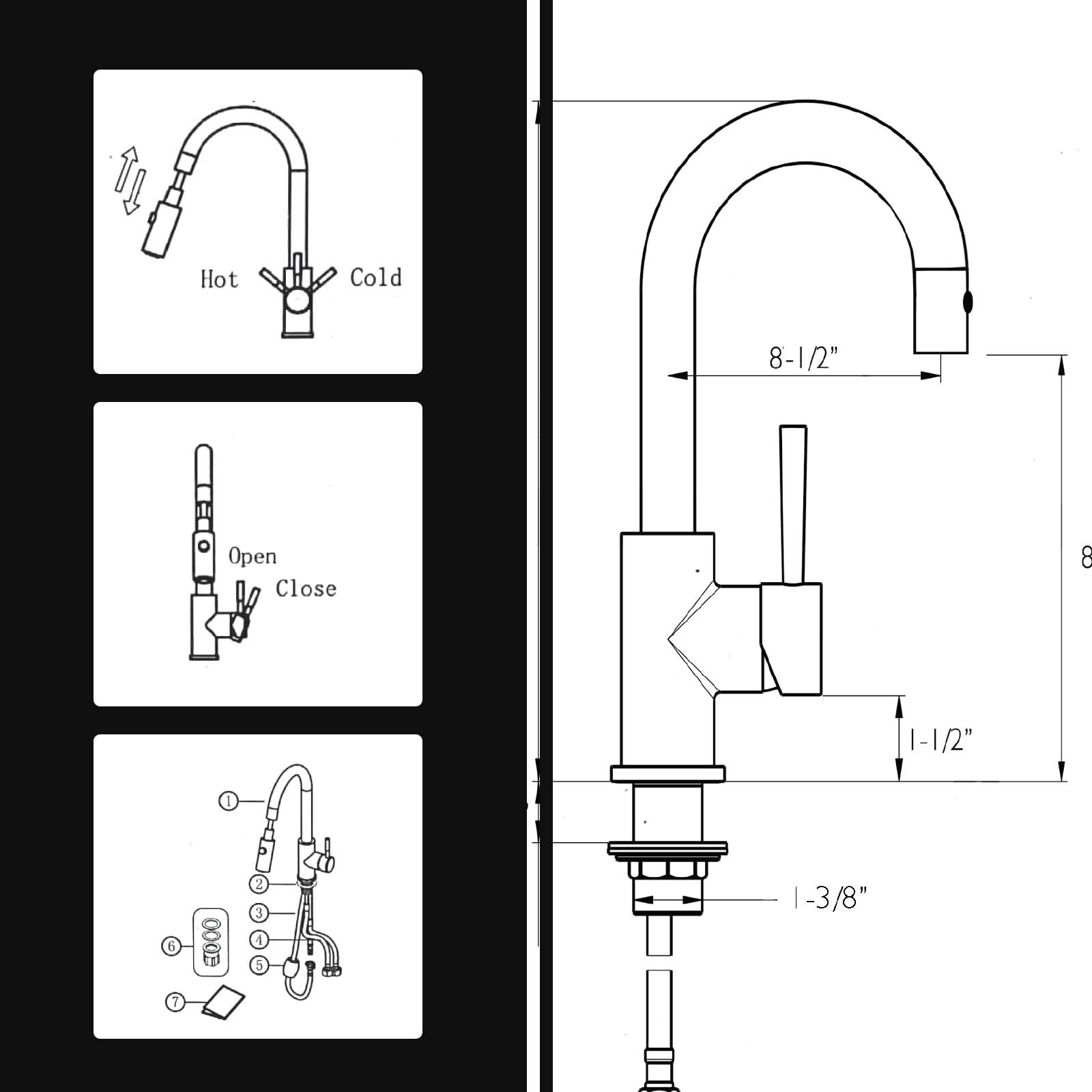 Strictly Kitchen and Bath Pull Down Sprayer Copper Kitchen Faucet with 360° Swivelling Spout， Spray and Stream Modes