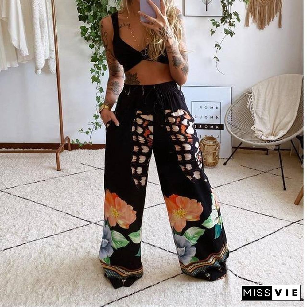 2 Pecs Suit Summer Tracksuit Sets Womens Outfits Boho Beach Style Print Underwear Loose Wide Leg Pants Ropa Mujer Подходить New