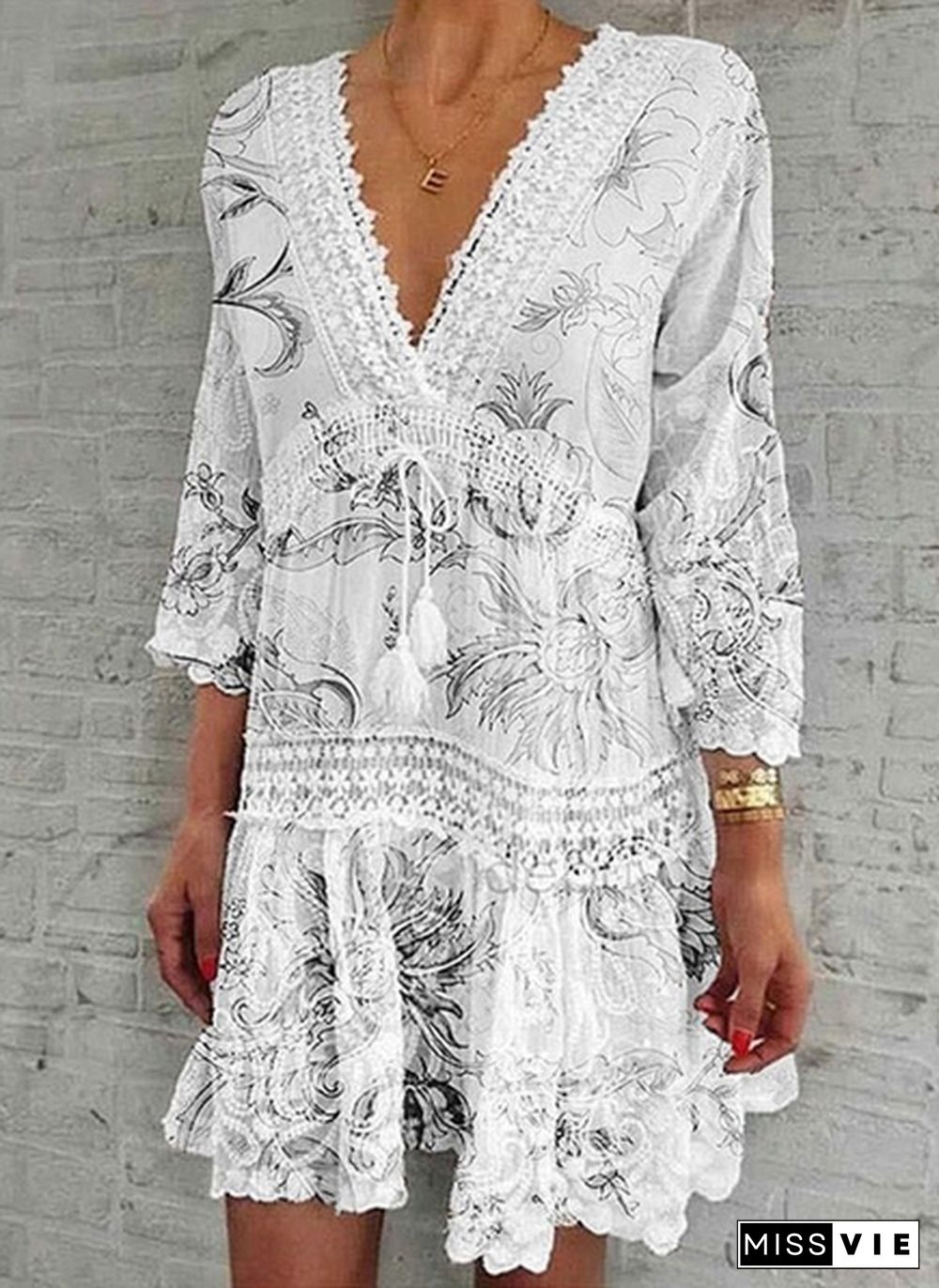 Women Fashion Floral Printed Dress Casual Beach Dress Summer V-Neck Lace Dress Sexy Party Dress 3/4 Sleeve Boho Dress