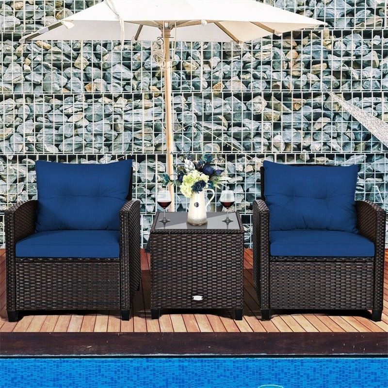 3 Pieces Patio Rattan Furniture Set Outdoor Wicker Conversation Set with Washable Cushion and Coffee Table