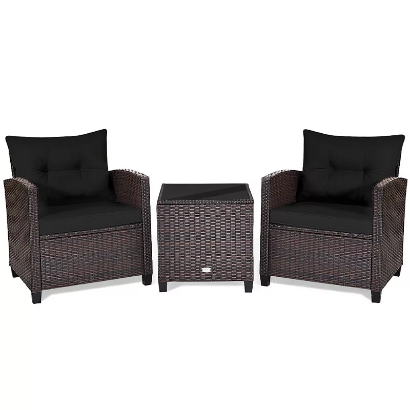 3 Pcs Patio Rattan Furniture Set Cushioned Conversation Set Coffee Table