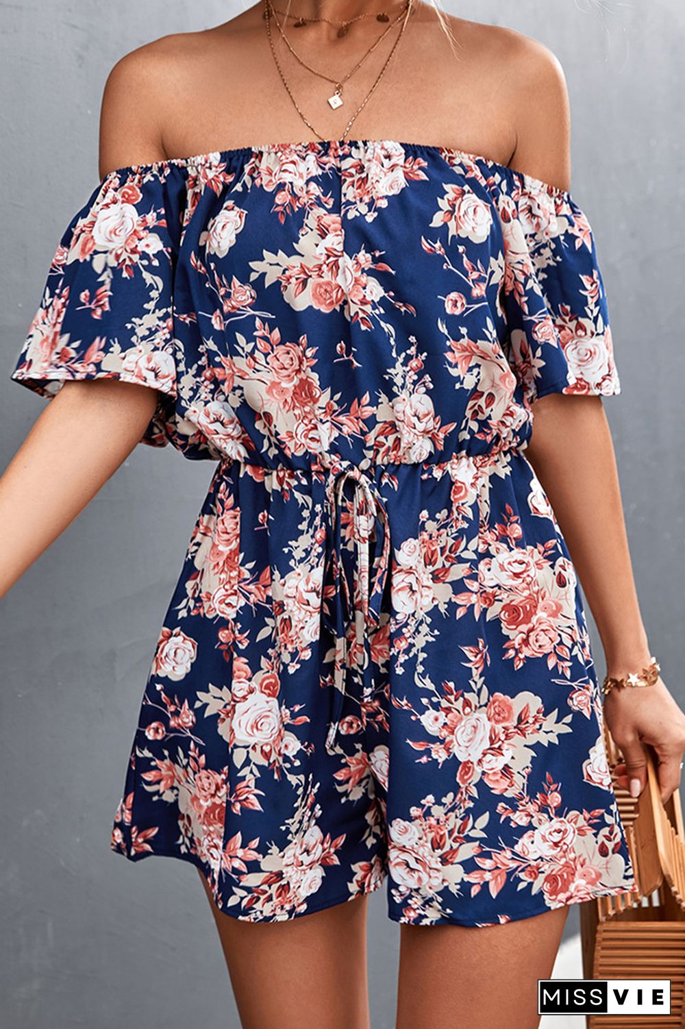 Floral Print Off Shoulder Shorts Jumpsuit Wholesale