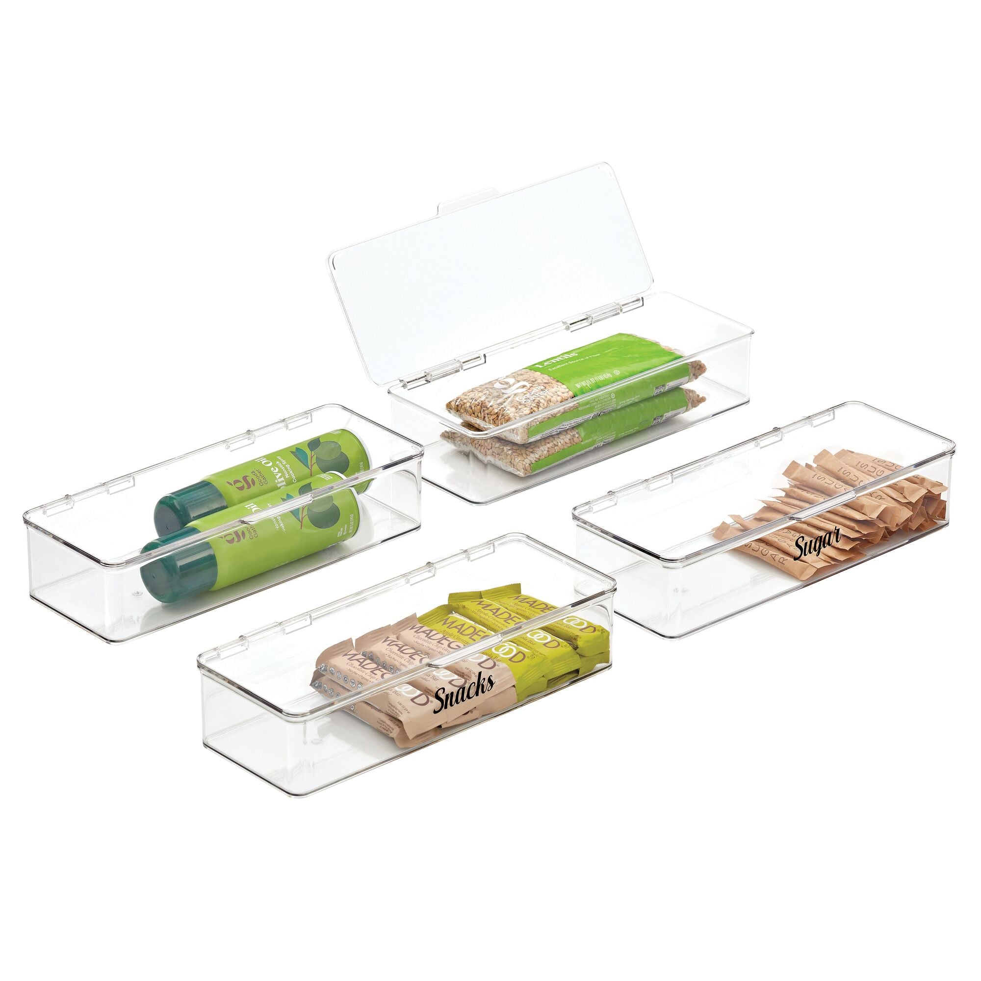 mDesign Plastic Stackable Kitchen Pantry Cabinet/Refrigerator Food Storage Container Box, Attached Lid - Organizer for Coffee, Tea, Packets, Snack Bars - Pack of 4, 32 Labels Included - Clear