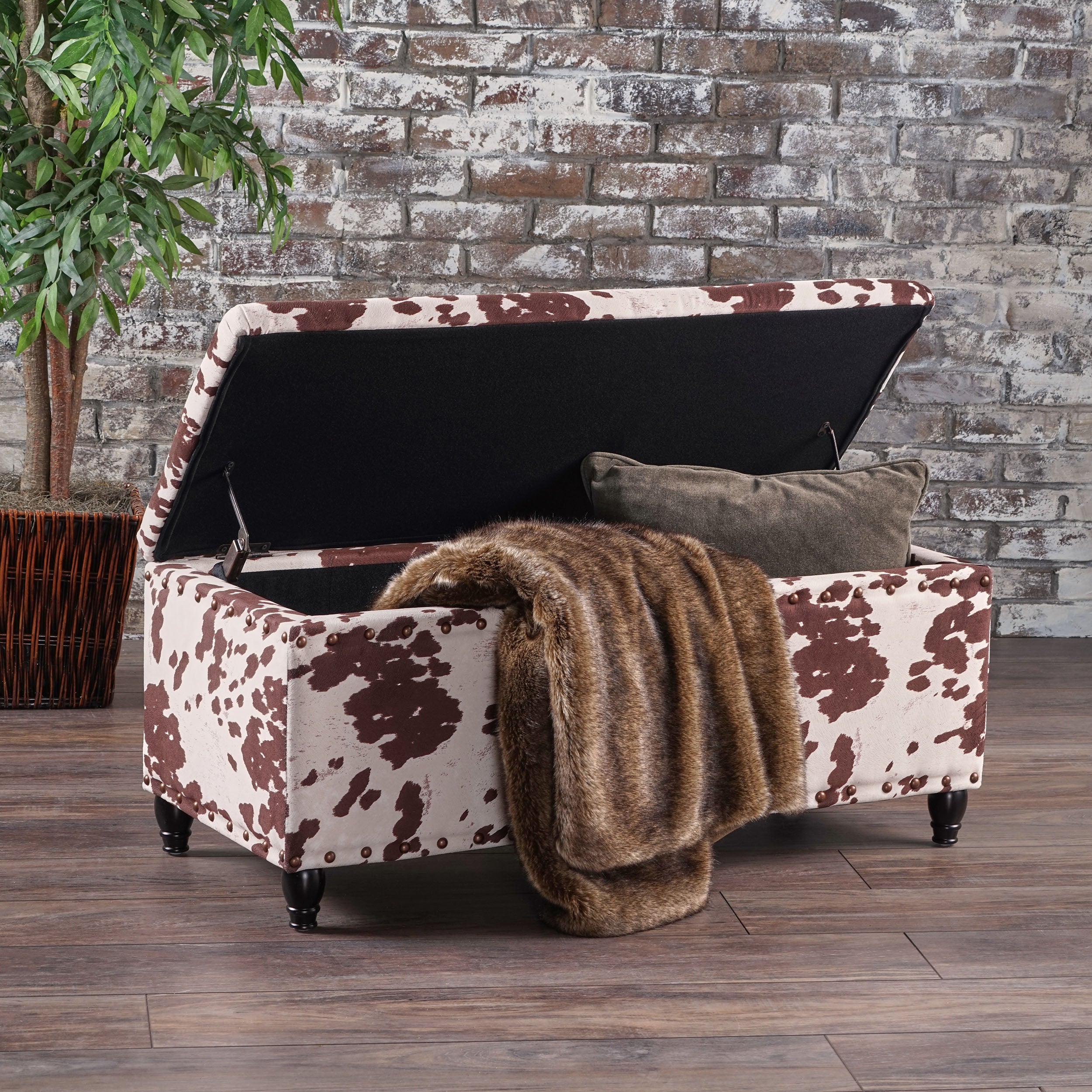 Tatiana Contemporary Velvet Storage Ottoman with Nailhead Trim, Milk Cow Pattern and Dark Brown