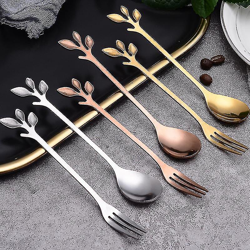 Stainless Steel Leaf Coffee Stirring Spoon Food Tableware Fork (spoon + Fork) 10 Pcs