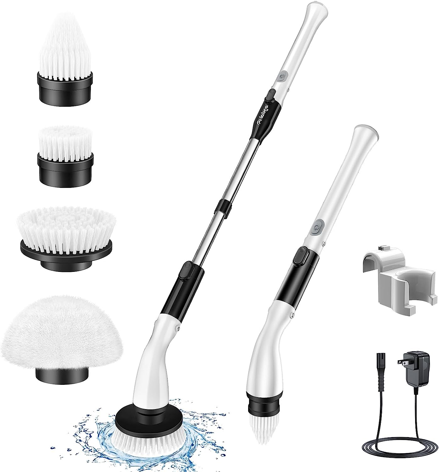 LABIGO Electric Spin Scrubber LA1 Pro, Cordless Spin Scrubber with 4 Replaceable Brush Heads and Adjustable Extension Handle, Power Cleaning Brush for Bathroom Floor Tile (White)