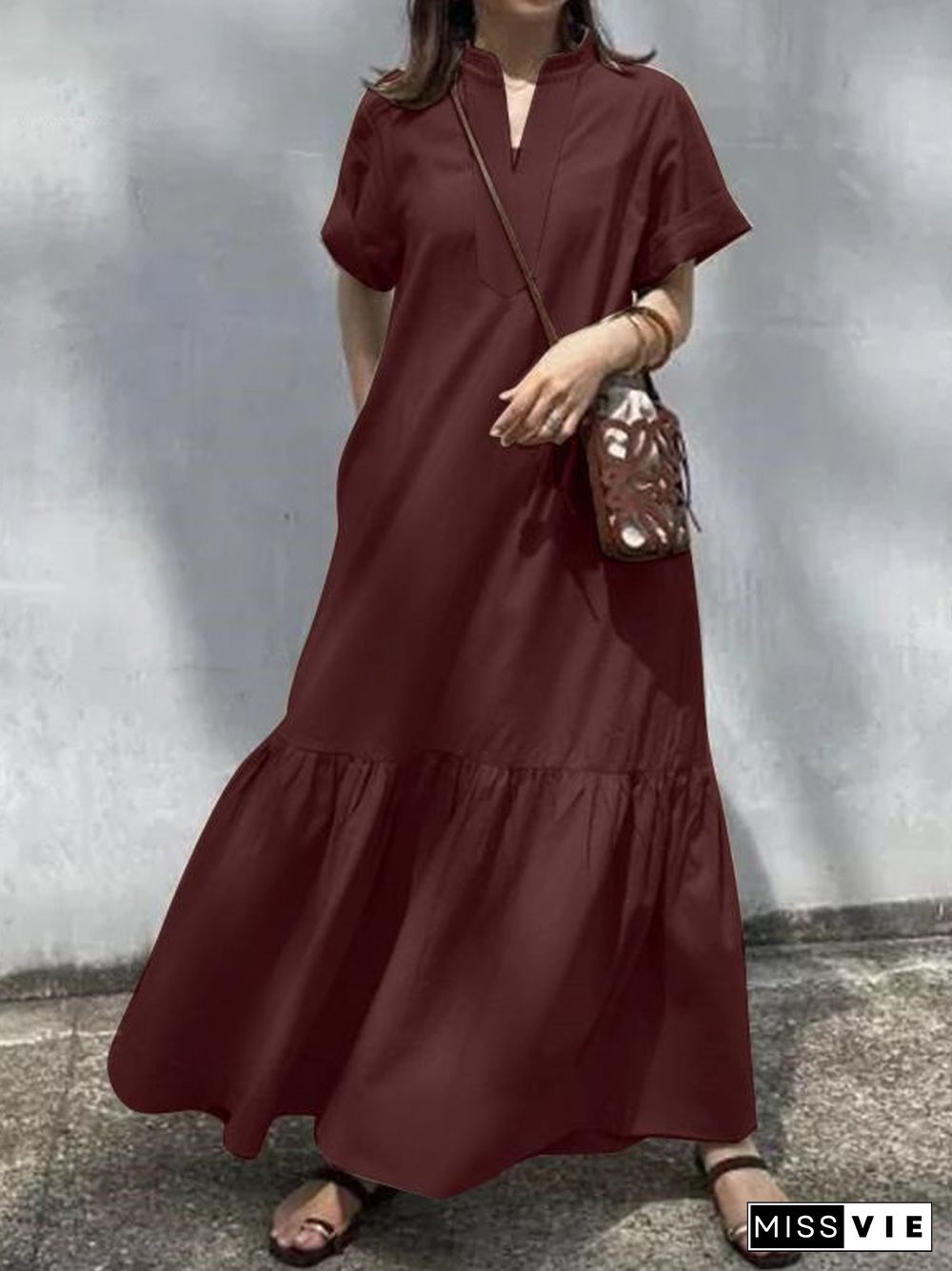 A-Line Loose Solid Color Split-Joint V-Neck Maxi Dresses