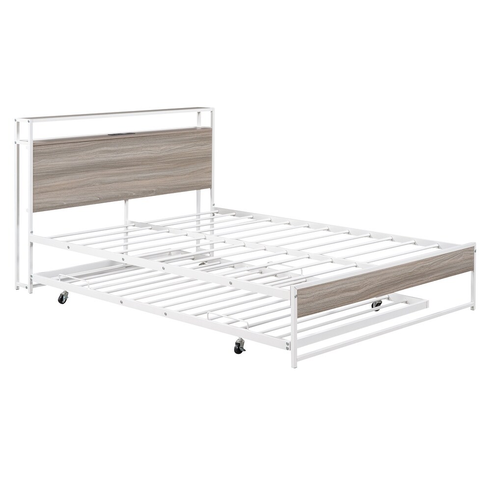 Classic Elegant Full Size Metal Platform Bed Frame with Trundle  USB Ports