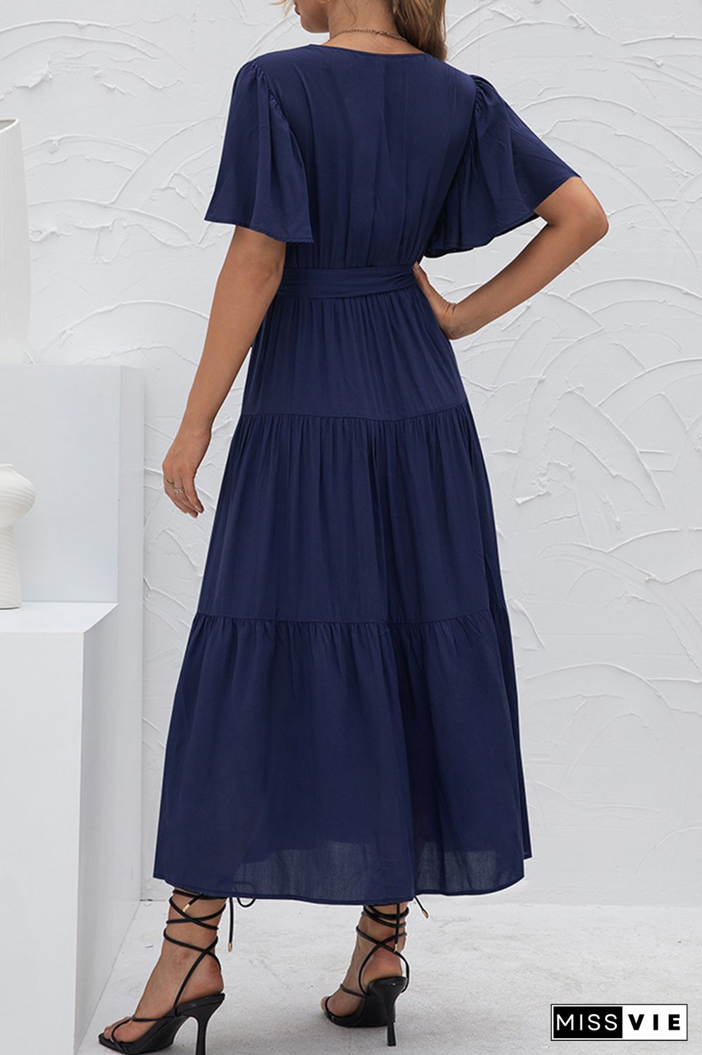 Elegant Solid Split Joint With Belt V Neck Cake Skirt Dresses