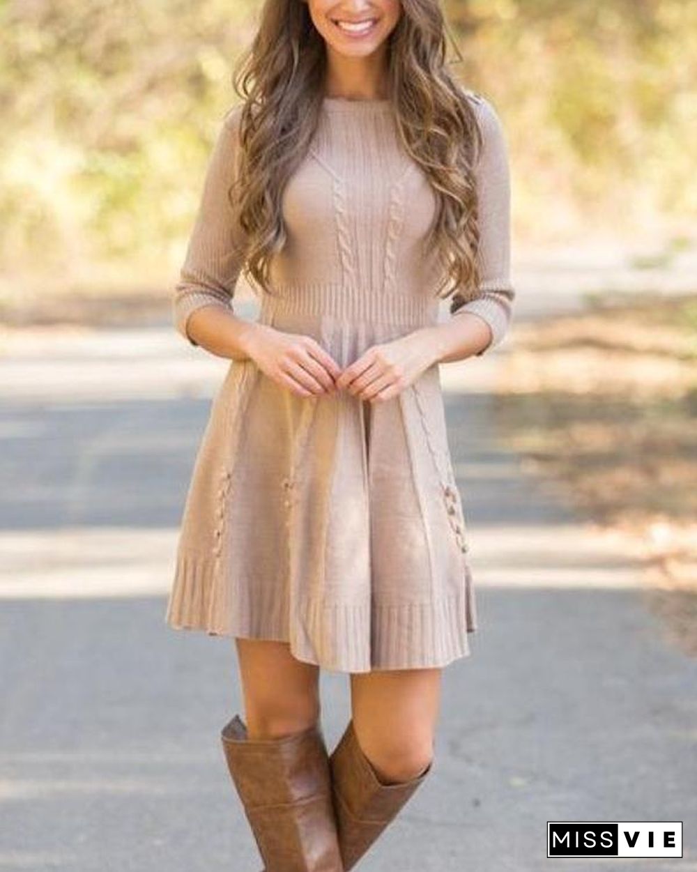 Solid Long Sleeves A-line Above Knee Crew Neck Dress