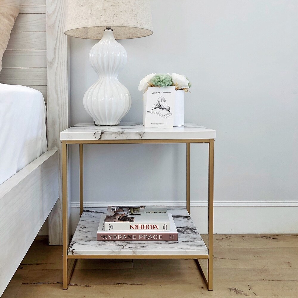 Roomfitters 2 Tier White Faux Marble Print End Table for Living Room