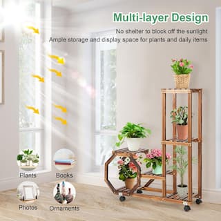 Costway 6-Tier 6 Potted Rolling Plant Stand Wooden Storage Display Shelf Rack with Wheels HZ-10N083WF