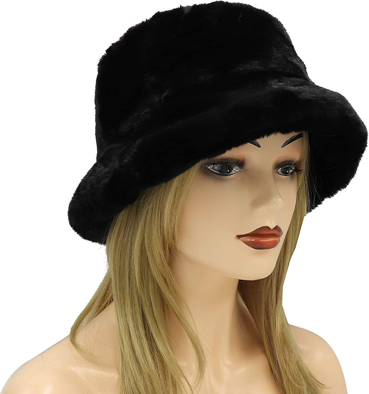 Winter Faux Fur Bucket Hat Fluffy Warm Hat For Women Men A Black -