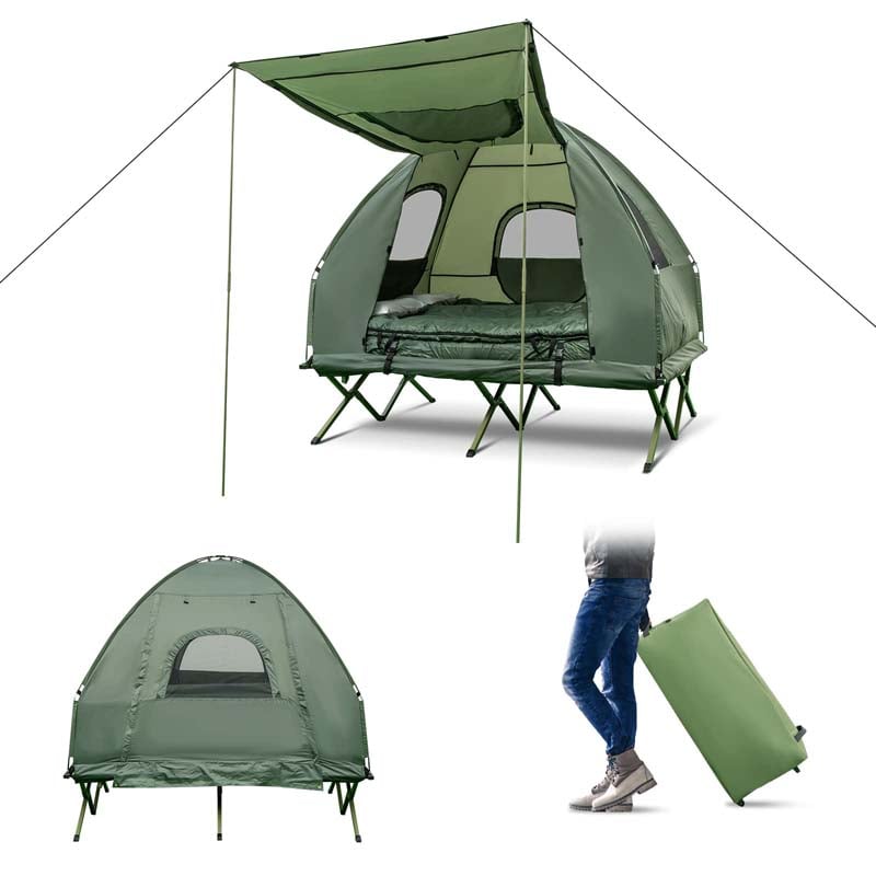 5-in-1 Off-Ground Tent Cot 2-Person Foldable Camping Bed Tent with Awning, Air Mattress, Sleeping Bag, Carrying Bag