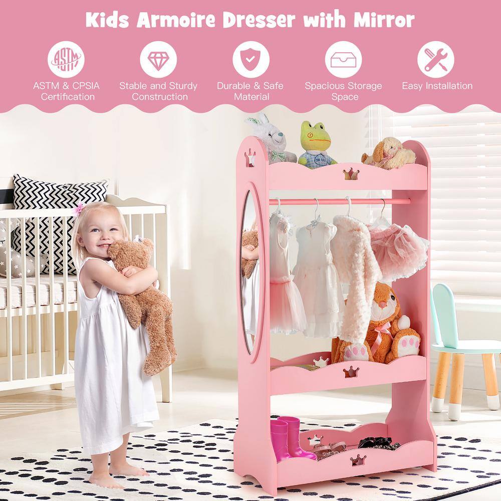 Costway Kids Dress Up Storage Hanging Armoire Dresser Pretend Costume Closet with Mirror TP10023PI