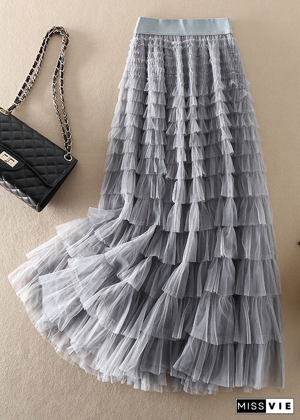 Loose Grey elastic waist Patchwork Tulle Skirt Spring