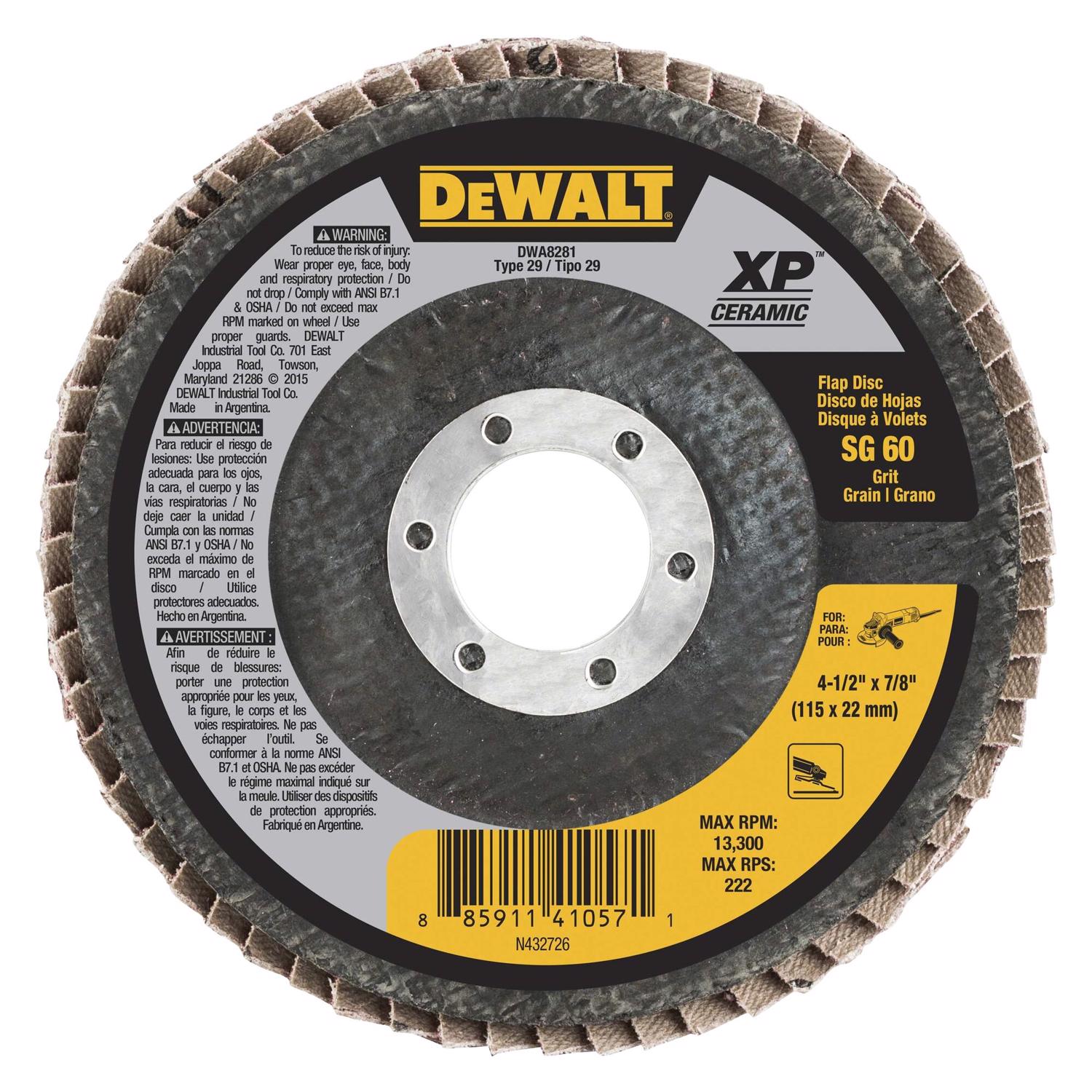 DW 4-1/2 in. D X 7/8 in. Ceramic Flap Disc 60 Grit 1 pc