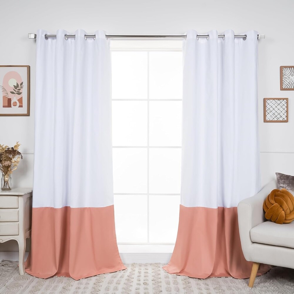 Color Blocked Cotton Blend Blackout Lined Grommet Curtains  Set of 2   84\