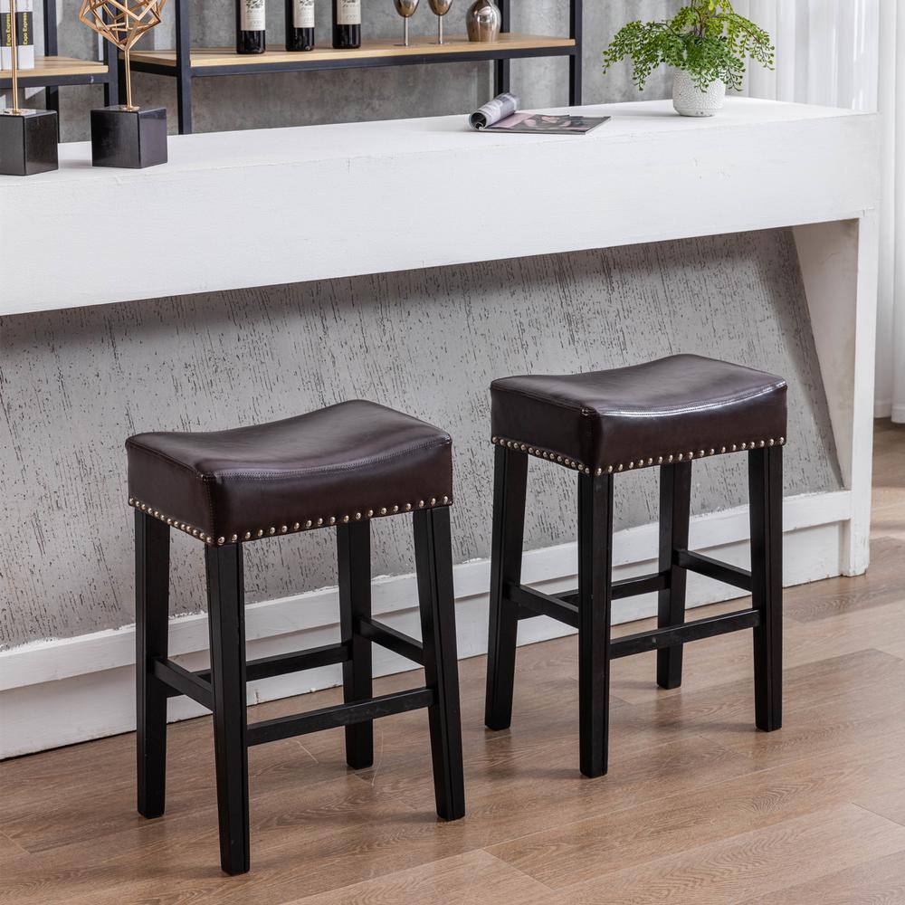 Counter Height 26 in. Brown PU Bar Stools for Kitchen Backless Stools Farmhouse Island Chairs Set of 2 B712-STOOL-BROW