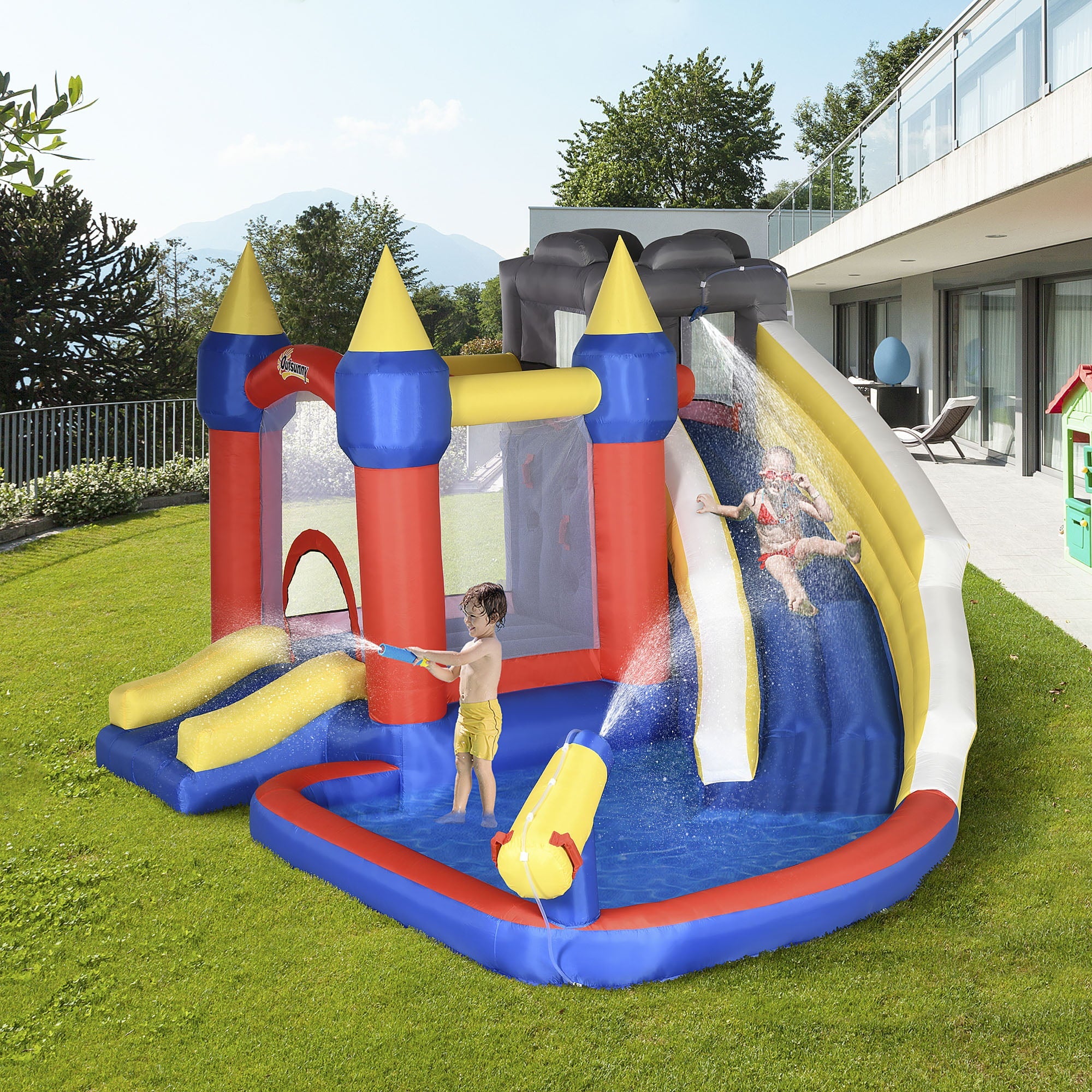 Outsunny 6-in-1 Inflatable Water Slide, Kids Castle Bounce House with Slide, Trampoline, Basket Hoop, Pool, Cannon, Climbing Wall Includes Carry Bag, Repair Patches, Basketball, 680W Air Blower