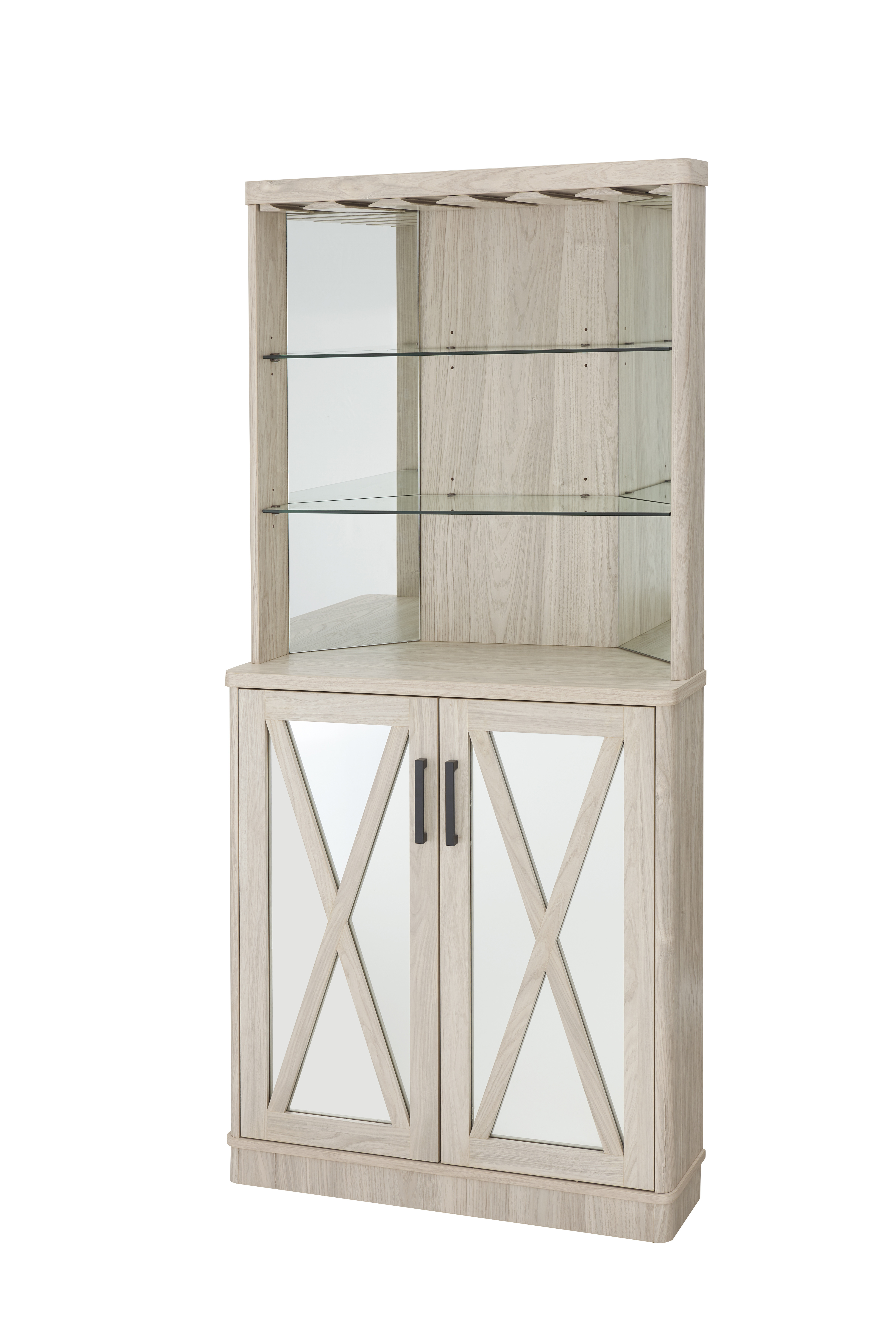 Gramercy Way White Oak Corner Bar Cabinet with Mirrored Panels