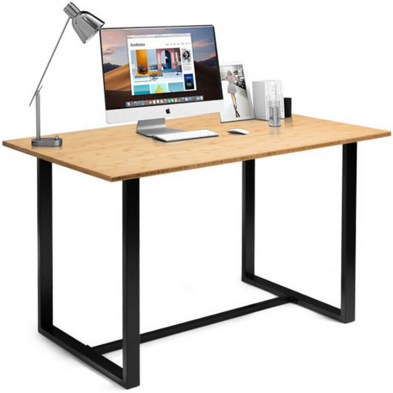 Computer Desk with Wicker Top and Metal Frame-Natural Desk