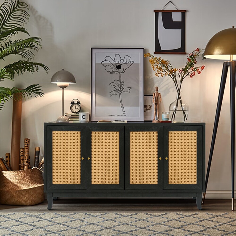 Rattan Sideboard Buffer Cabinet with 4 Rattan Doors  Console Table with Adjustable Shelves for Kitchen Living Room