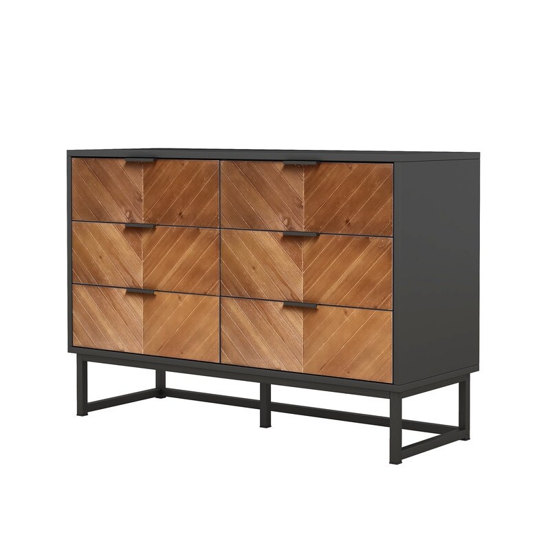 6 Drawers Dresser with Metal Leg and Handle for Bedroom  Storage Cabinet with Brown Wood Finish Drawer  Black+Brown