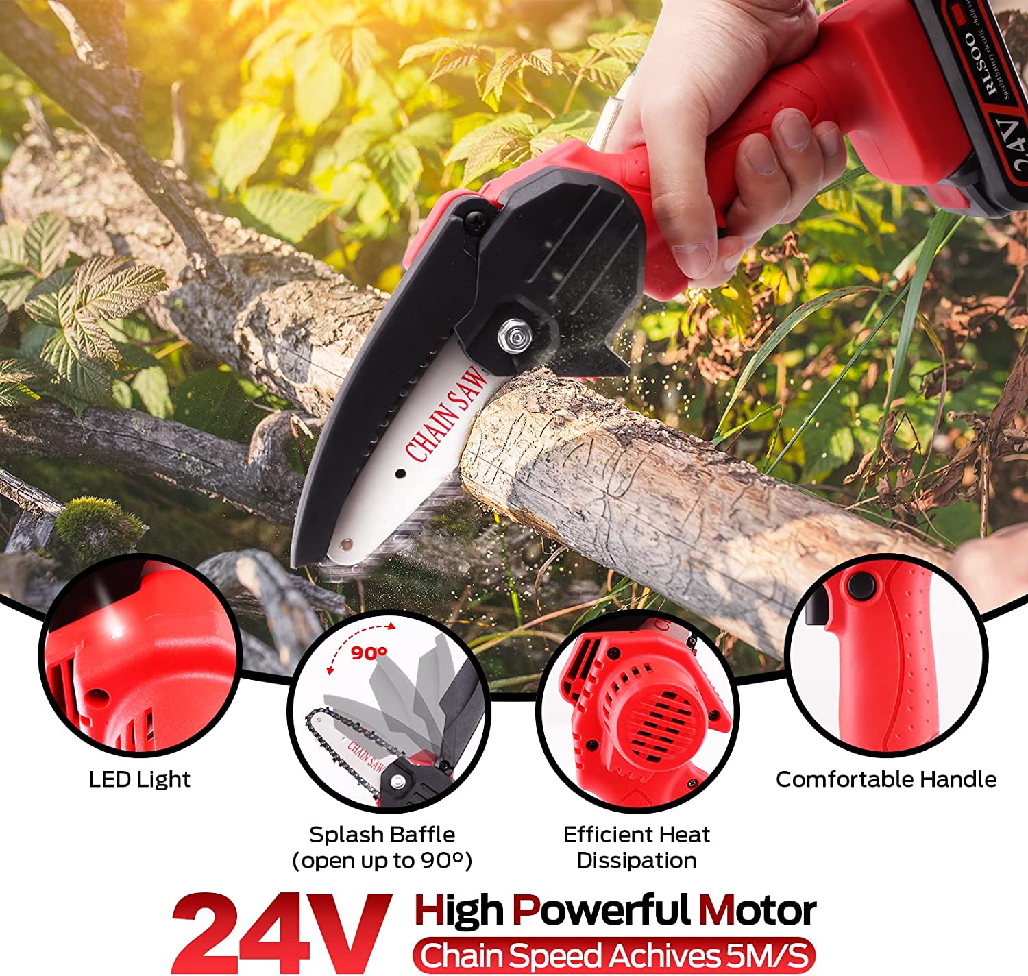 Mini Chainsaw， RLSOO Upgraded 4-Inch 24V Battery Powered Cordless Chainsaw， Portable One-Handed Rechargeable Electric Chainsaw for Tree Trimming Branch Wood Cutting（2 Batteries， 2 Chains Included）