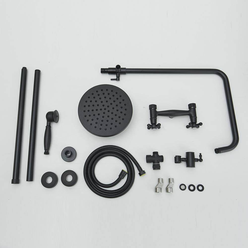 BWE 1-Spray Wall Bar Shower Kit 8 in. Round Rain Shower Head with Hand Shower And 2 Cross Knobs in Matte Black A-98015-B