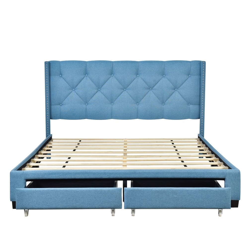 Elegant Queen Size Platform Storage Bed Frame Design Linen Upholstered Stitched Button Tufted Design Headboard with 2 Drawers