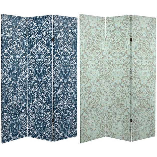 Double Sided Ocean Damask Canvas Room Divider Blue Oriental Furniture