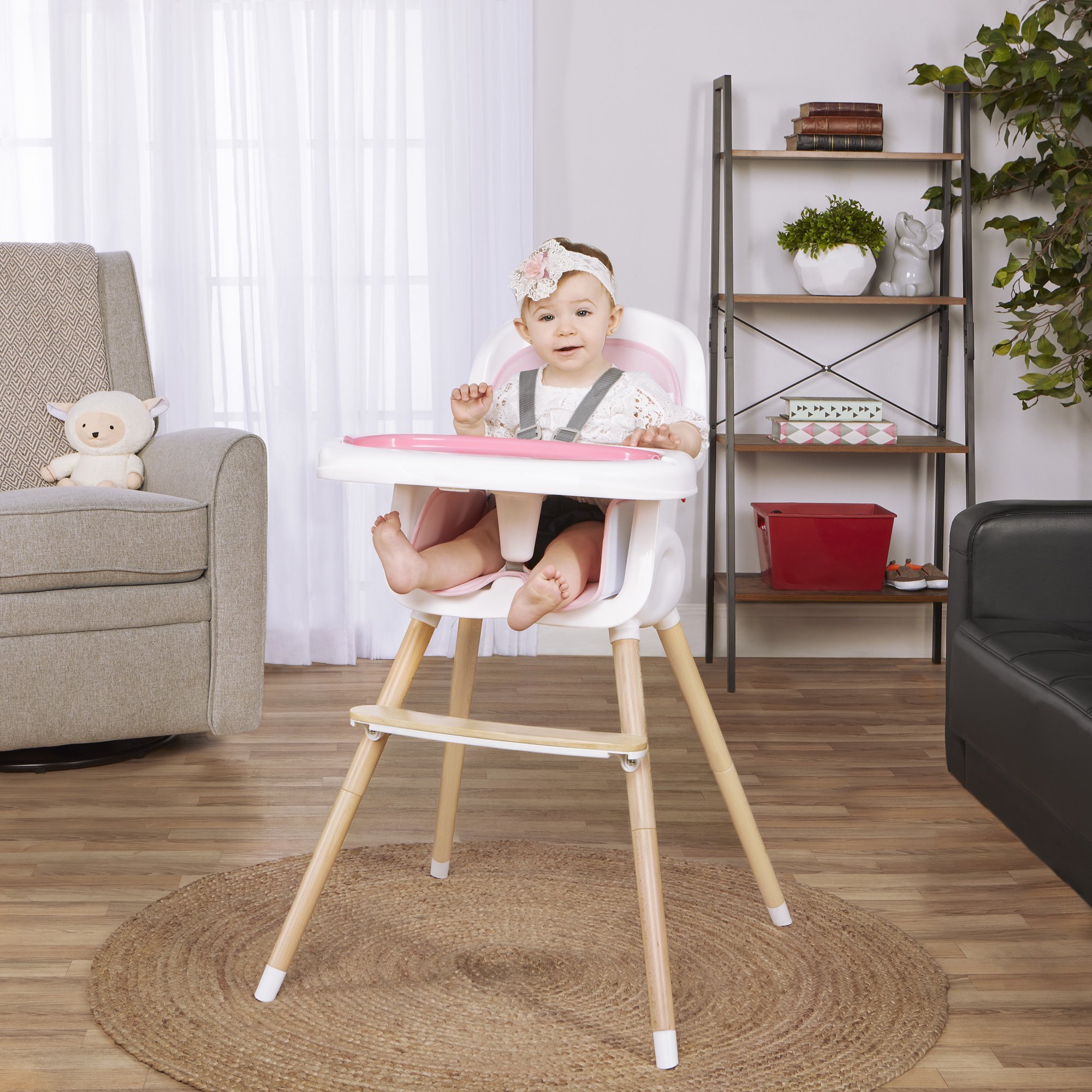 Dream On Me Lulu 2-in-1 Highchair， Convertible， Compact High Chair， Light weight， Portable， Blush Pink