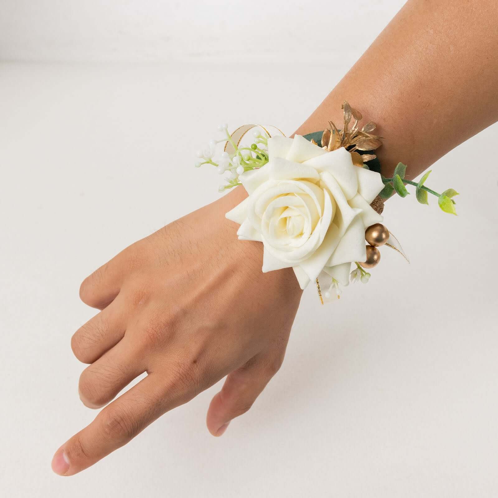 2 Pack White Silk Rose Wrist Corsage With Pearls, 4