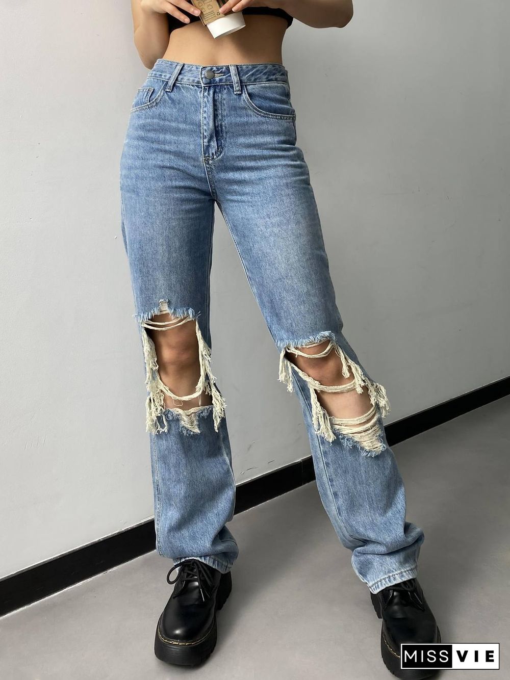 Distressed High Waist Ripped Jeans