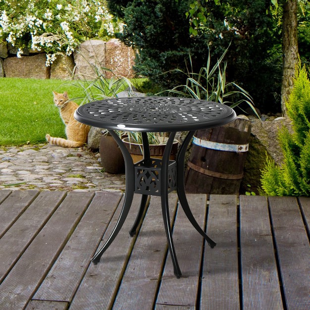 Round Patio Dining Table With Umbrella Hole Antique Cast Aluminum Outdoor Bistro Table Black